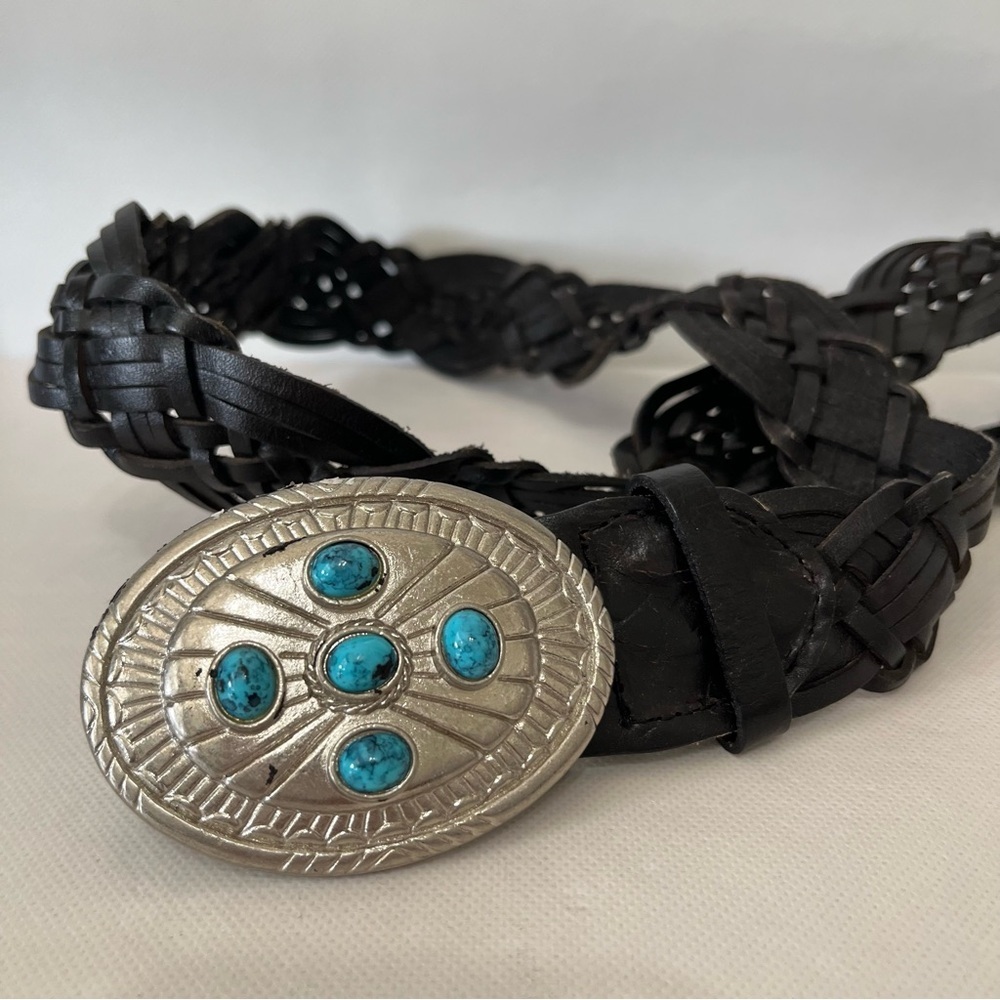 Fina Firenze Black Leather Braided Belt Silver Tone Turquoise Buckle Boho